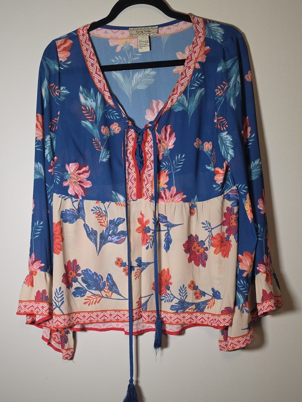 Tie-Front Floral Peasant Blouse in Blue and Cream